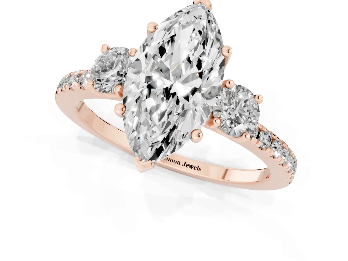 Three-Stone Marquise Cut Cut Diamond Pavé Band with Prong Setting Rose gold