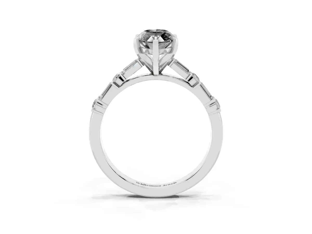 Fancy Black Marquise Cut Diamond Solitaire with Side Baguettes and Channel Set Band Silver