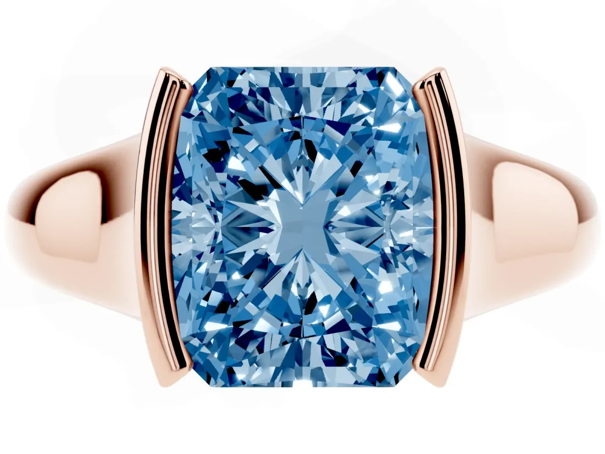 Fancy Blue Radiant Cut Solitaire Tension Set Diamond Ring with Split Shank Band Rose gold
