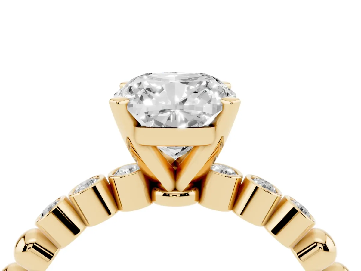 Cushion Cut Solitaire Bezel Accent Diamond Engagement Ring with Beaded Band and Four-Prong Setting Yellow gold
