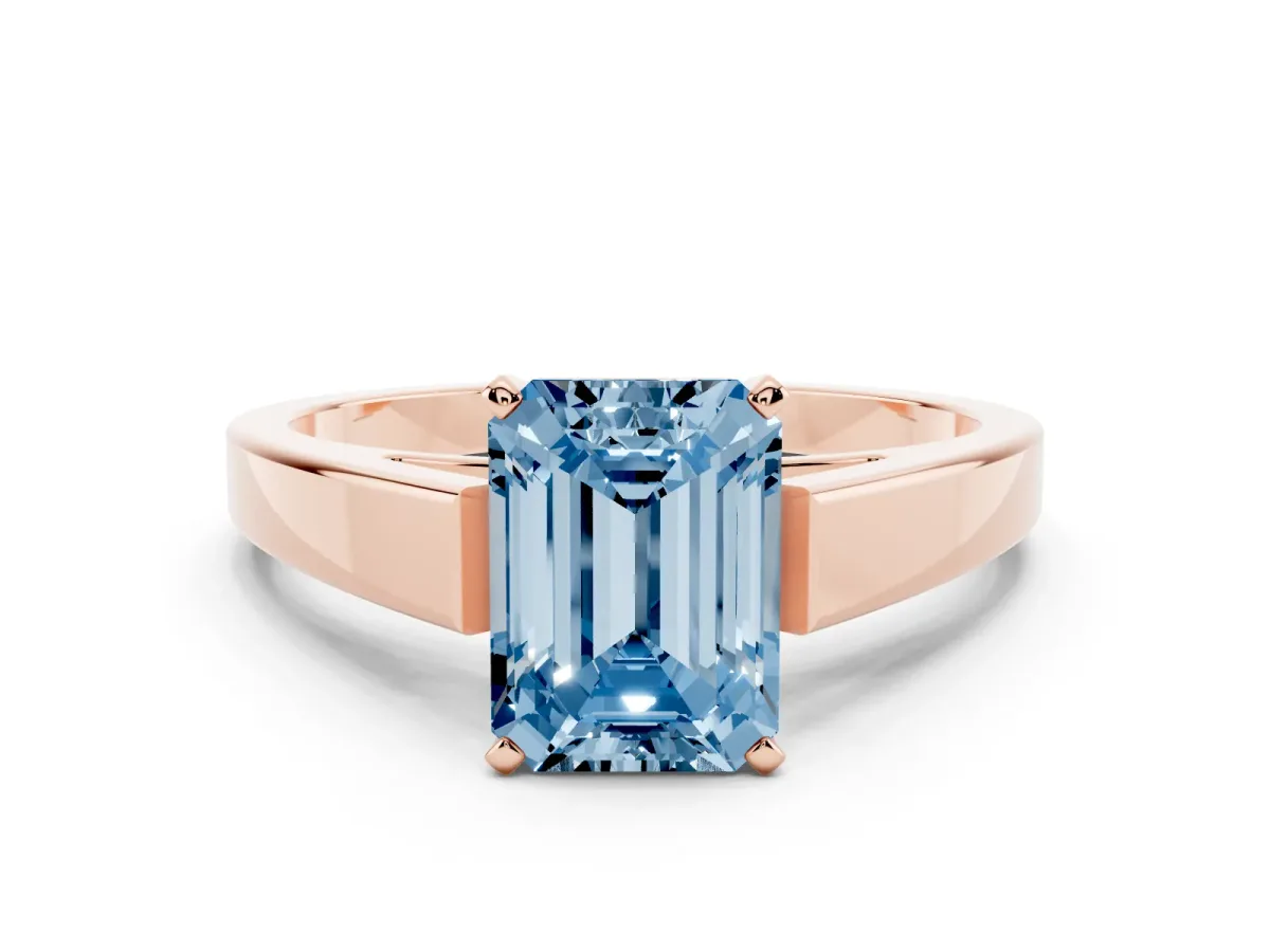 Fancy Blue Emerald Cut Solitaire Engagement Ring with Four-Prong Setting and Tapered Band Rose gold