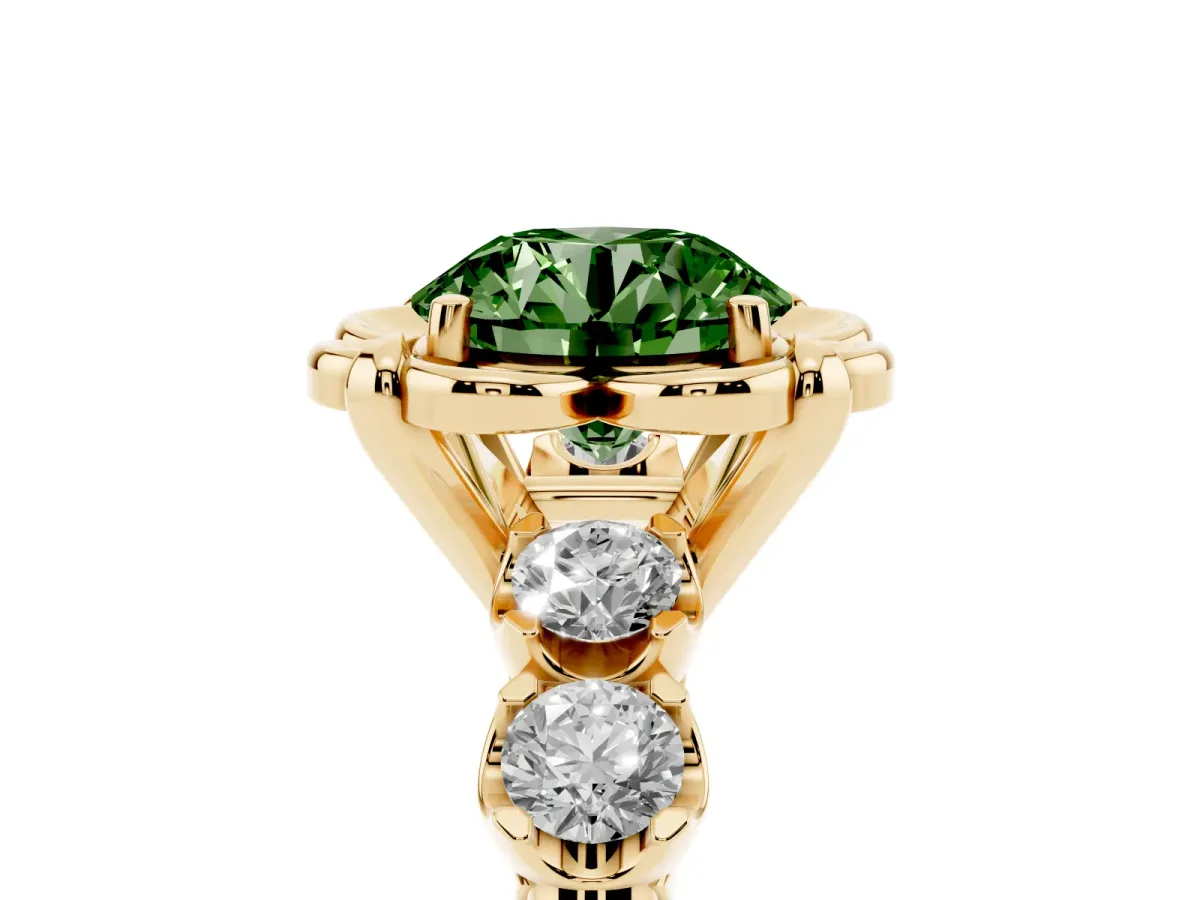 Fancy Green Round Cut Cut Diamond Floral Halo Engagement Ring with Shared Prong Setting Yellow gold