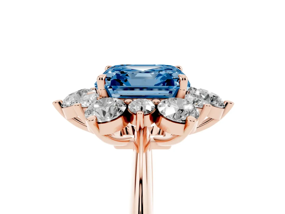 Fancy Blue Asscher Cut Diamond Cluster Halo Ring with Solitaire Band and Four-Prong Setting Rose gold