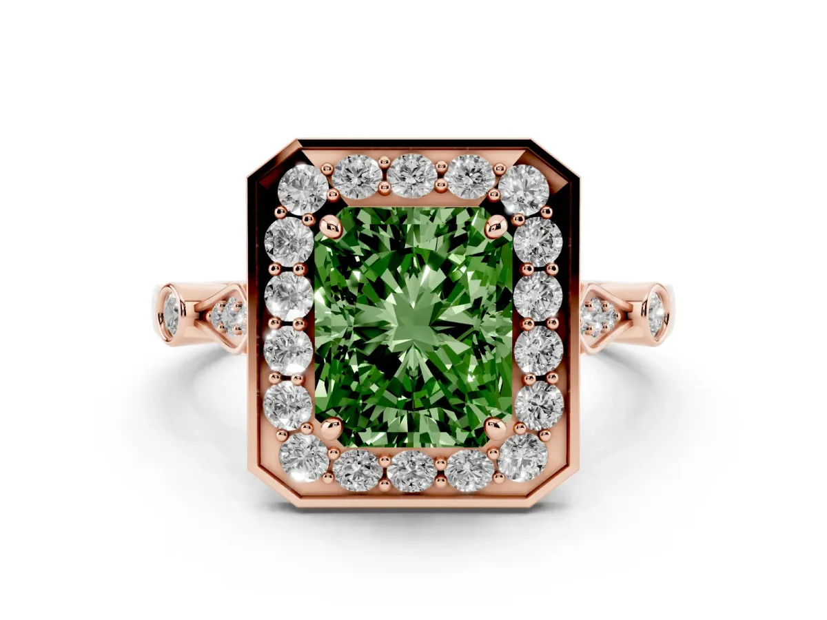 Fancy Green Radiant Cut Halo Diamond Engagement Ring with Twisted Band and Four-Prong Setting Rose gold