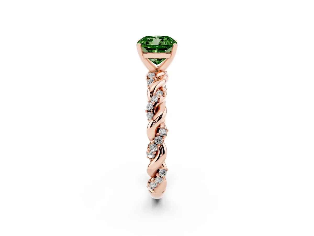 Fancy Green Cushion Cut Diamond Solitaire Ring with Twisted Band and Pavé Accents Rose gold