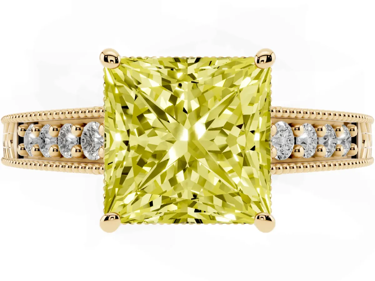 Fancy Yellow Princess Cut Solitaire Pavé Diamond Milgrain Engagement Ring with Four-Prong Setting Yellow gold