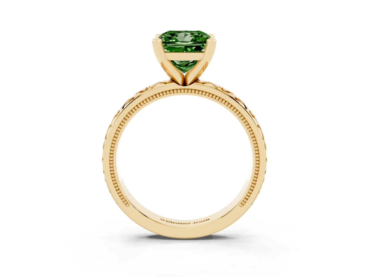 Fancy Green Princess Cut Solitaire Diamond Engagement Ring with XO Engraved Band and Four-Prong Setting Yellow gold
