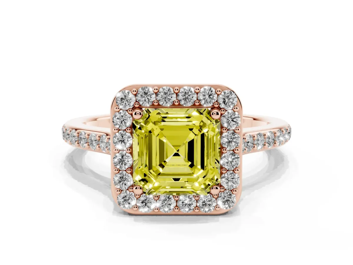 Fancy Yellow Asscher Cut Diamond Halo Engagement Ring with Round Pavé Shoulders and Prong Setting Rose gold