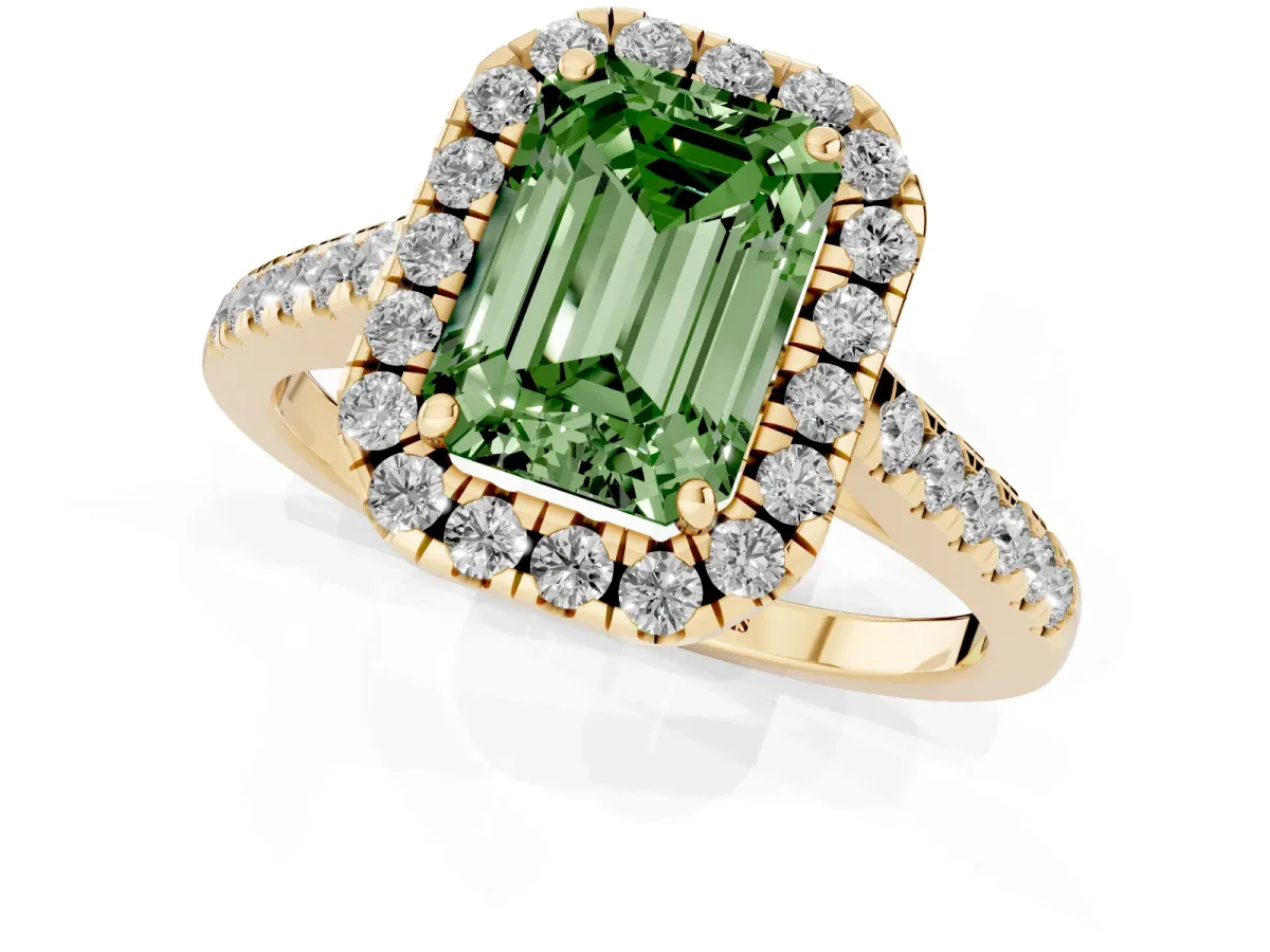 Fancy Green Emerald Cut Halo Pave Diamond Engagement Ring with Four-Prong Setting Yellow gold