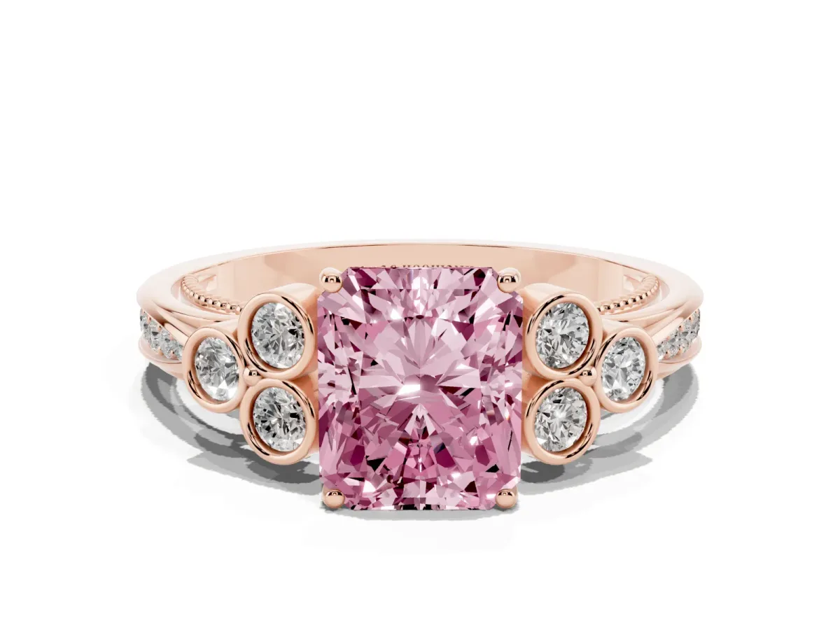 Fancy Pink Radiant Cut Cut Diamond Engagement Ring with Bezel Set Round Side Stones and Prong Setting Rose gold