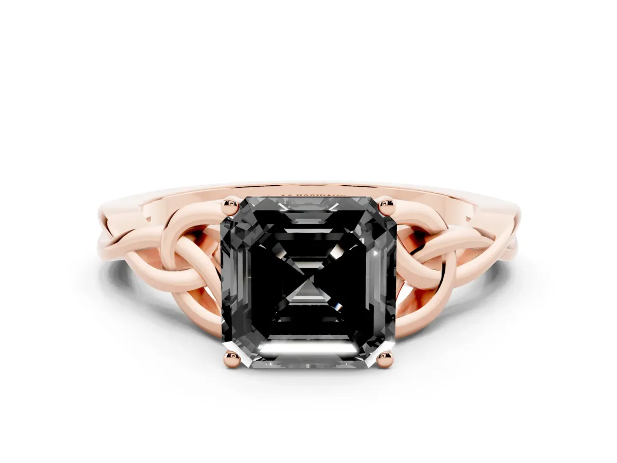 Fancy Black Asscher Cut Diamond Solitaire Engagement Ring with Celtic Knot Band and Four-Prong Setting Rose gold