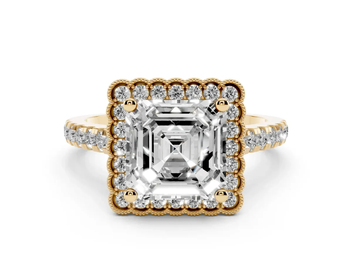 Asscher Cut Cut Diamond Milgrain Floral Halo Engagement Ring with Pavé Band Yellow gold