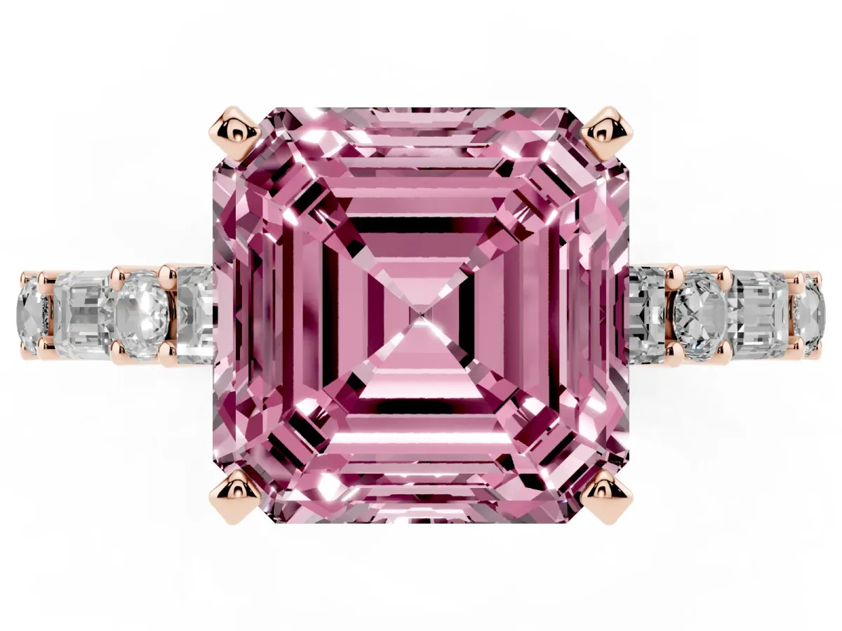 Fancy Pink Asscher Cut Diamond Solitaire with Side Baguettes and Channel Set Band Rose gold