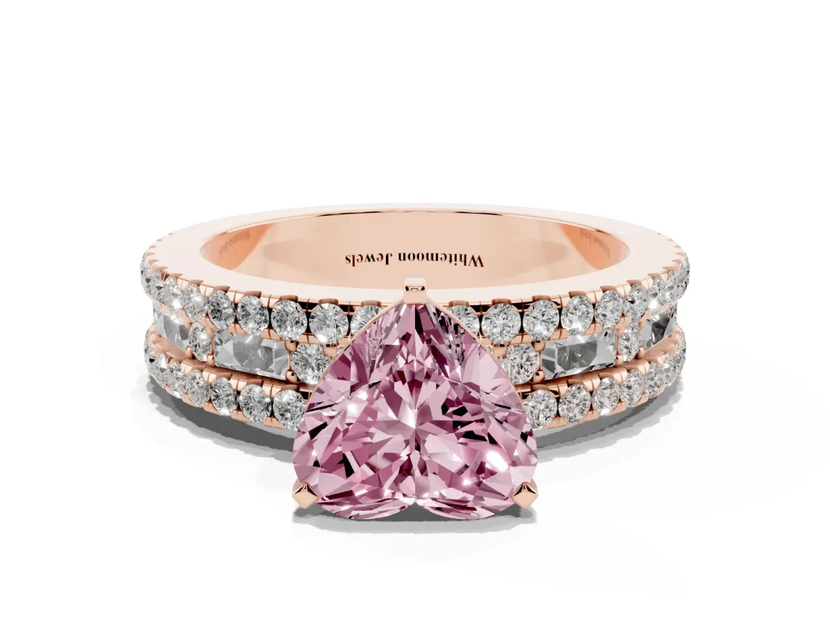 Fancy Pink Heart Cut Diamond Solitaire Ring with Pavé and Channel Set Band Rose gold