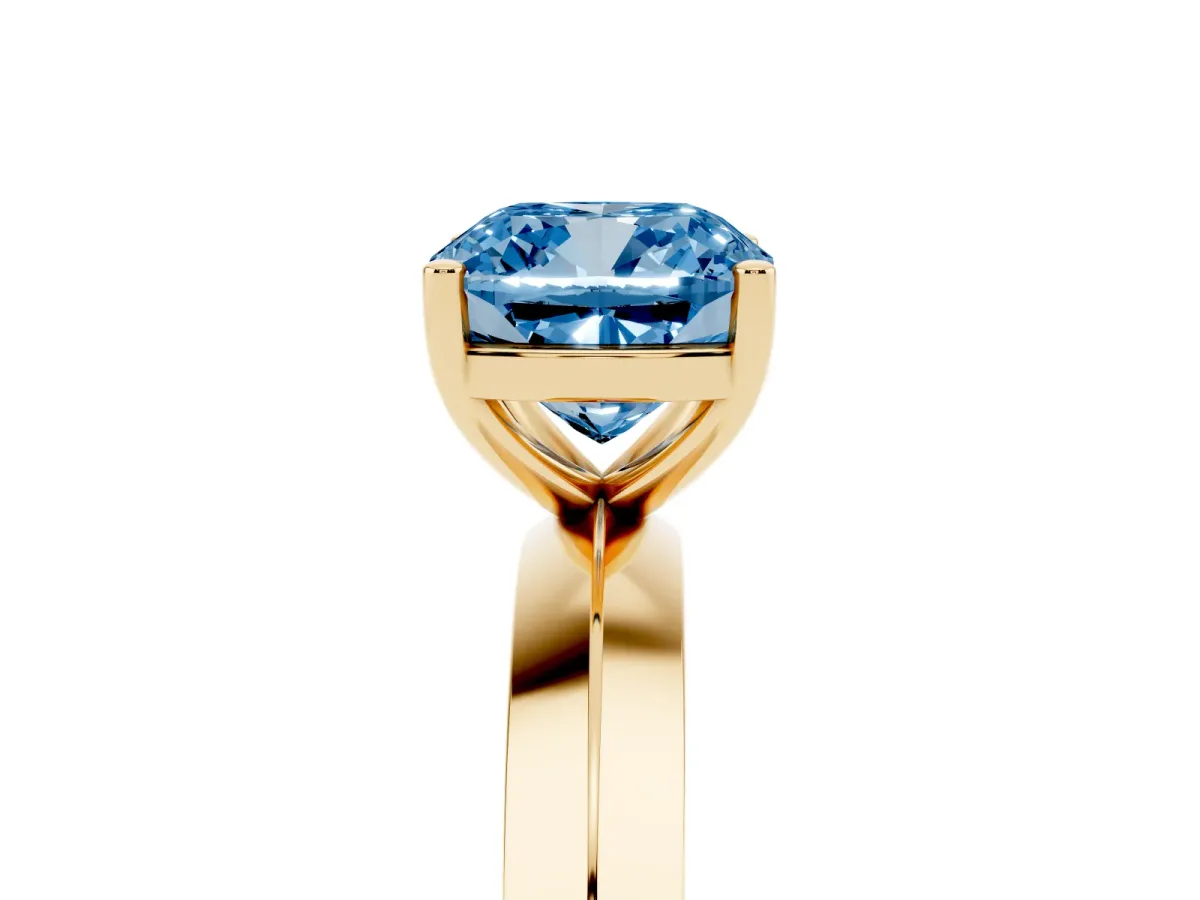 Fancy Blue Cushion Cut Cut Solitaire Engagement Ring with Flat Band and Four-Prong Setting Yellow gold