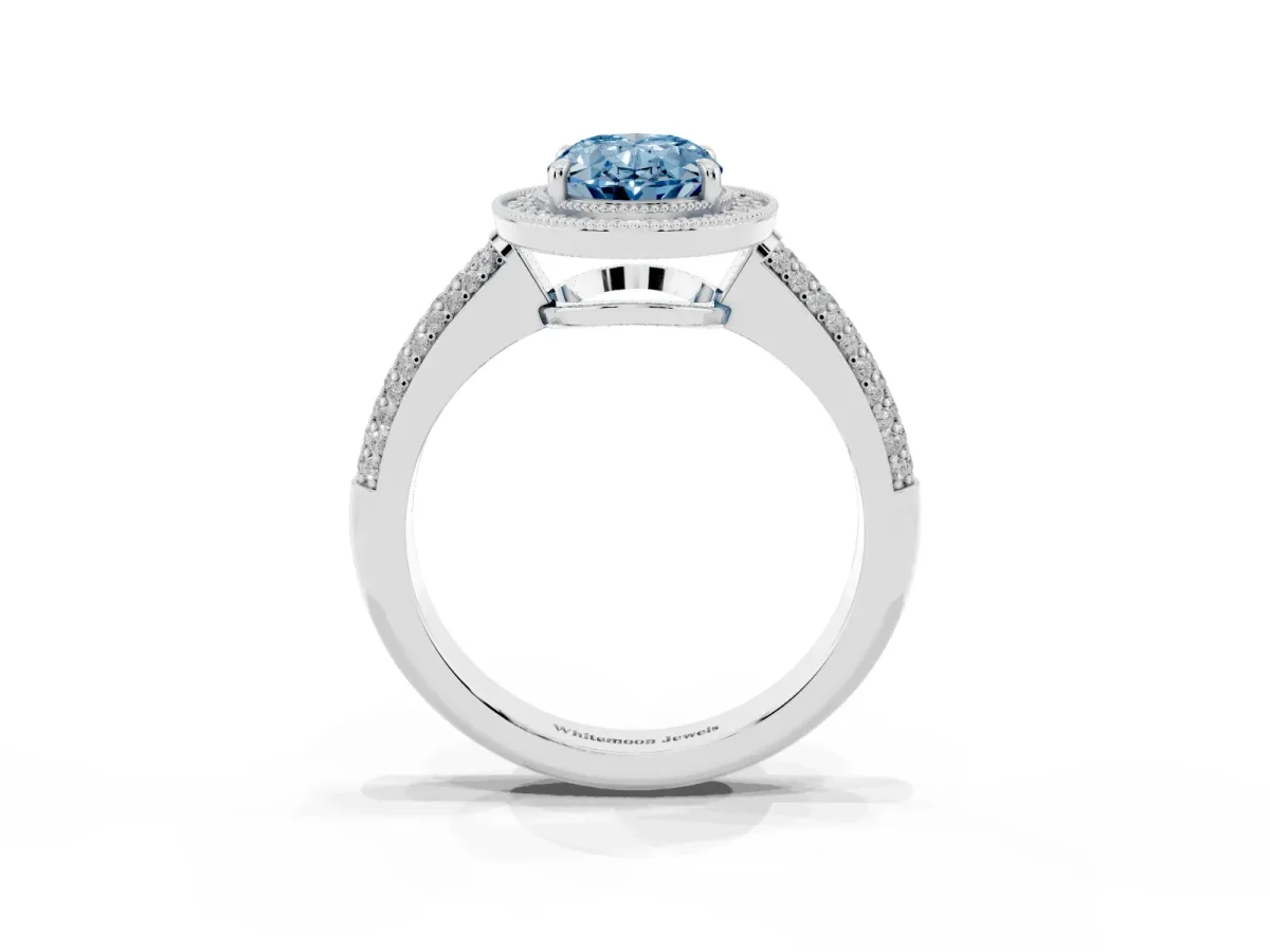 Fancy Blue Oval Cut Cut Halo Diamond Pave Band with Four-Prong Setting Platinum