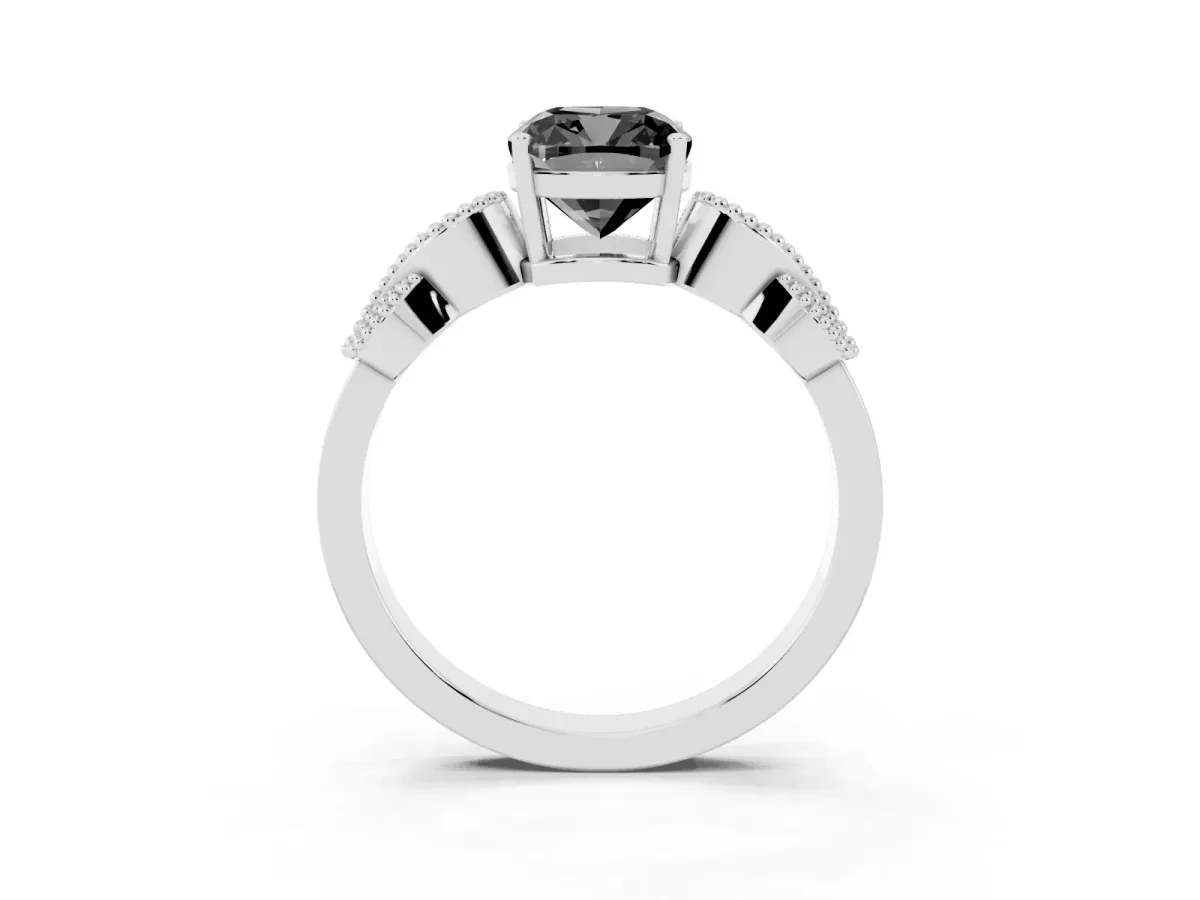 Fancy Black Cushion Cut Solitaire Milgrain Leaf Band with Prong Setting Silver