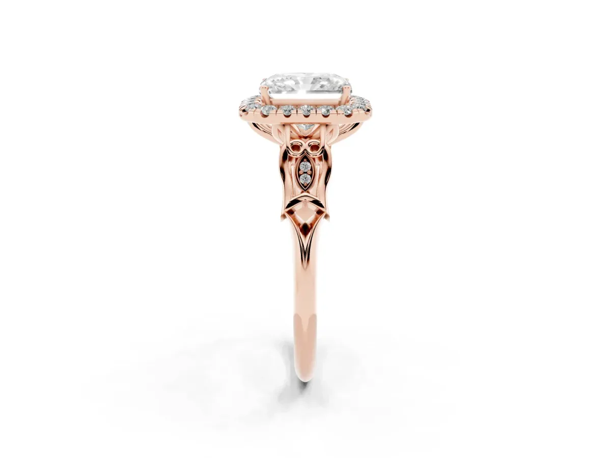 Radiant Cut Halo Diamond Engagement Ring with Filigree Band and Four-Prong Setting Rose gold