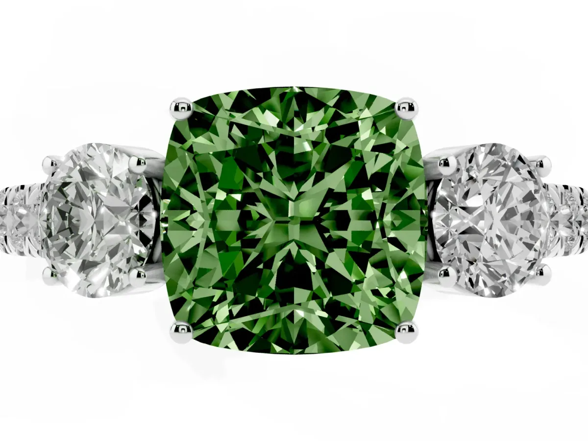 Fancy Green Cushion Cut Cut Diamond Three-Stone Ring with Round Side Stones and Pavé Band Silver