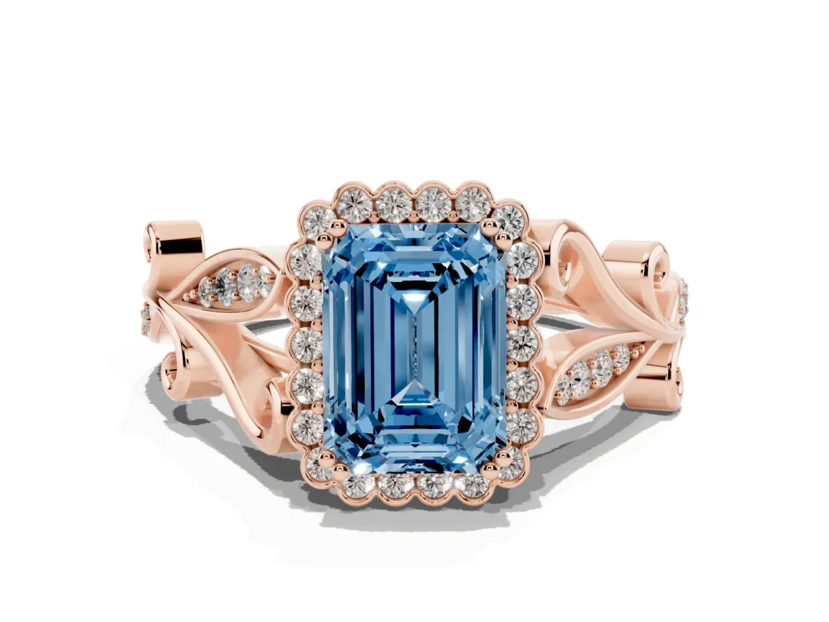 Fancy Blue Emerald Cut Diamond Halo Ring with Vintage Split Shank and Four-Prong Setting Rose gold