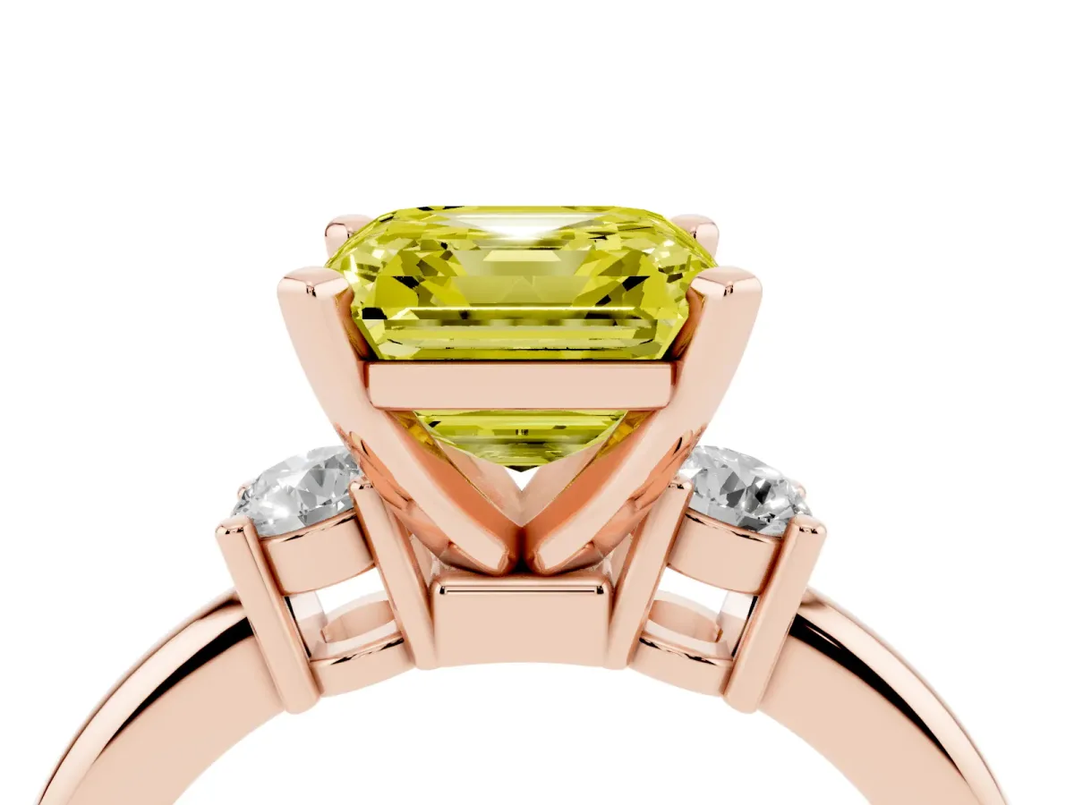 Fancy Yellow Three-Stone Asscher Cut Cut Diamond Solitaire with Prong Setting and Classic Band Rose gold