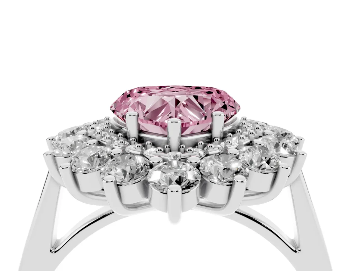 Fancy Pink Heart Cut Diamond Floral Double Halo Engagement Ring with Prong Setting Silver