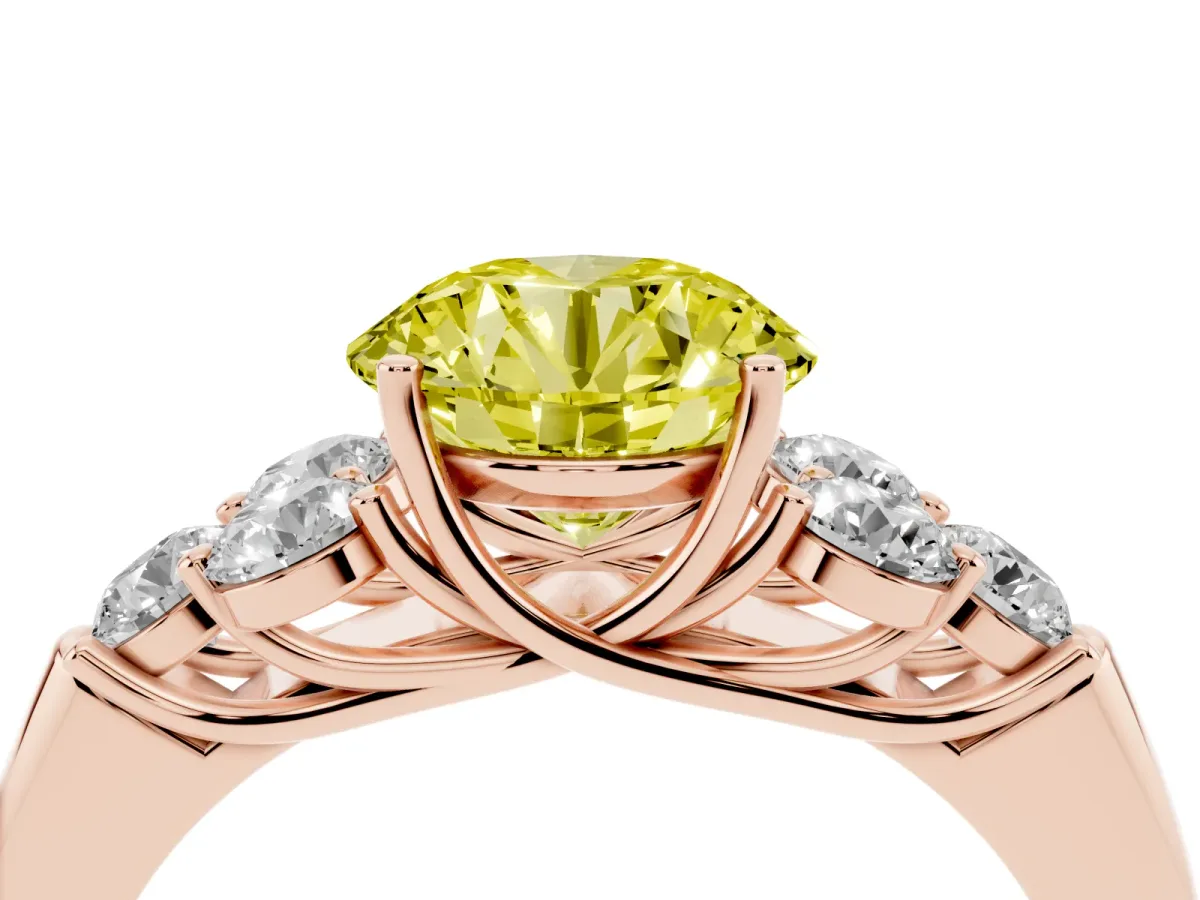 Fancy Yellow Round Cut Cut Diamond Cluster Ring with Round Accent Stones and Prong Setting on a Classic Band Rose gold