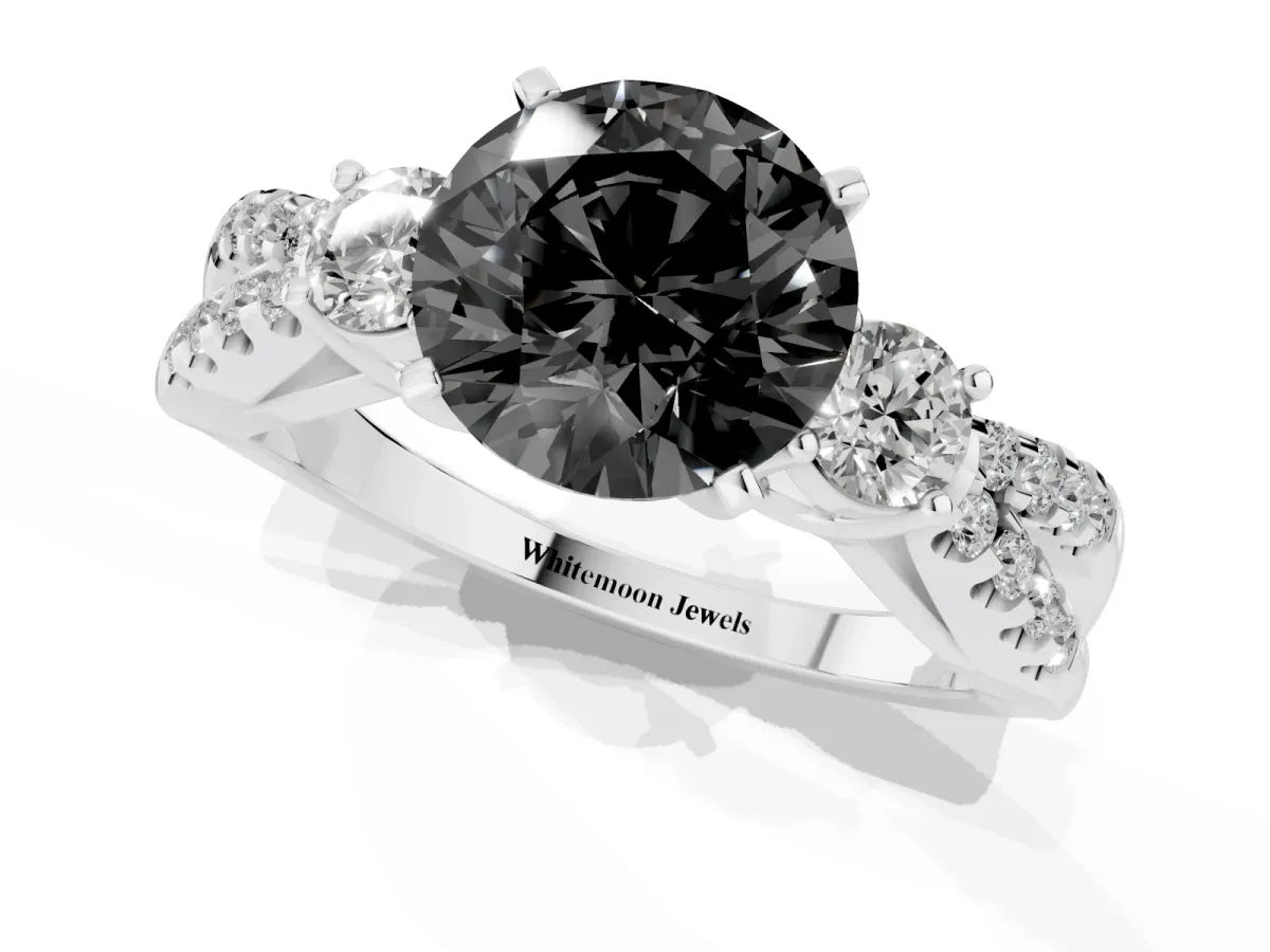 Fancy Black Round Cut Diamond Three-Stone Ring with Pavé Split Shank and Four-Prong Setting Silver