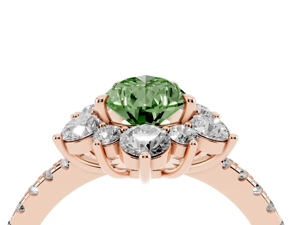 Fancy Green Pear Cut Diamond Floral Halo Ring with Round Pavé Band and Prong Setting Rose gold