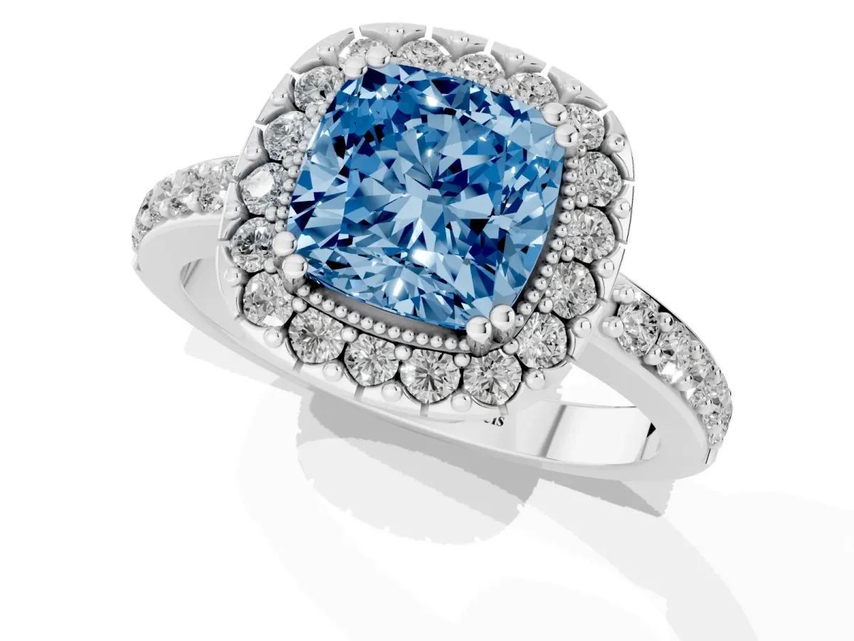 Fancy Blue Cushion Cut Diamond Halo Ring with Pavé Band and Prong Setting Platinum