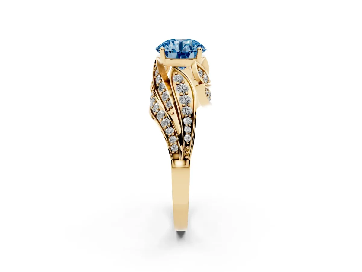 Fancy Blue Round Cut Diamond Solitaire Ring with Prong Setting and Twisted Pavé Band Yellow gold