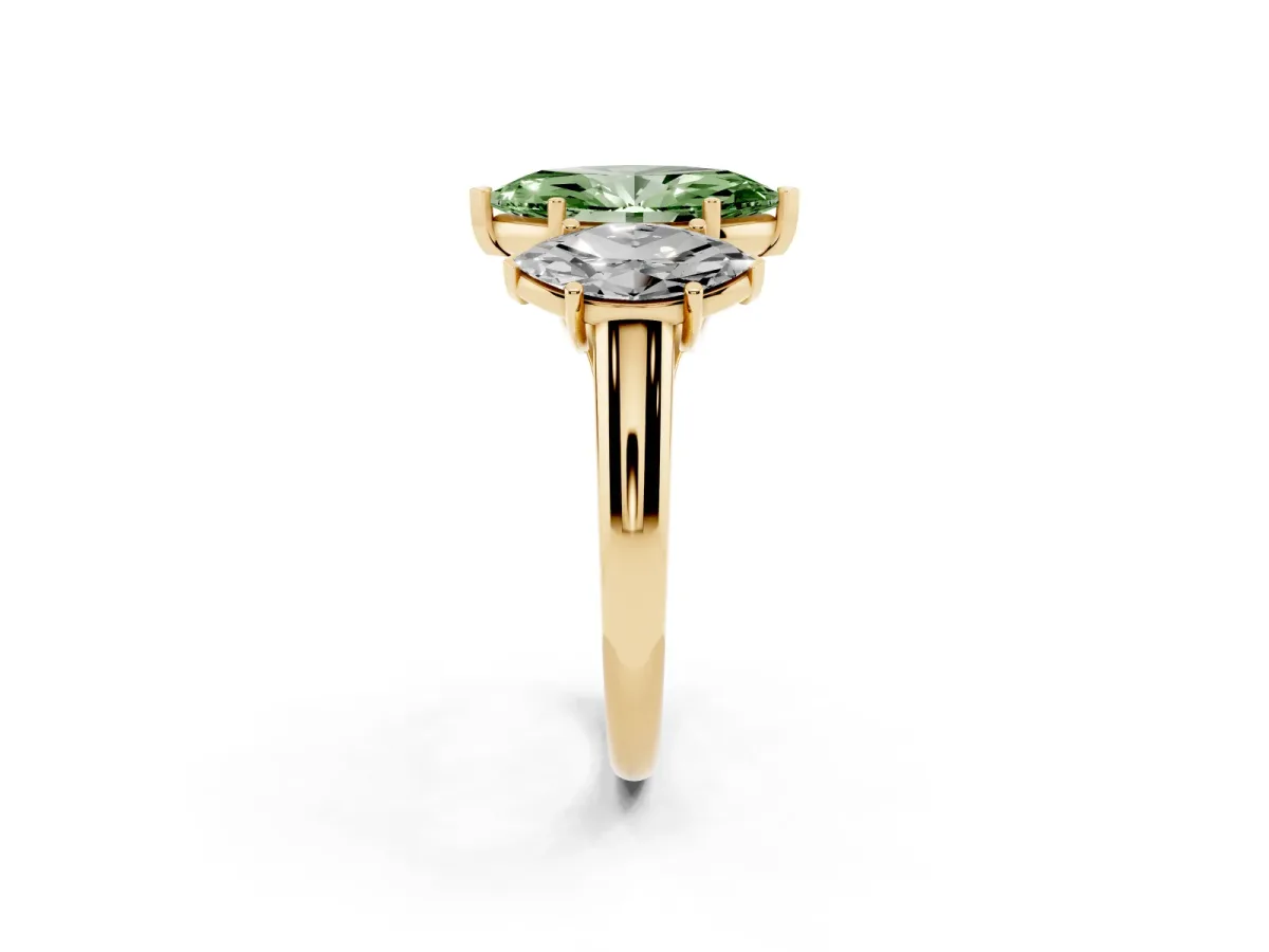 Fancy Green Three-Stone Marquise Cut Diamond Engagement Ring with Prong Setting Yellow gold