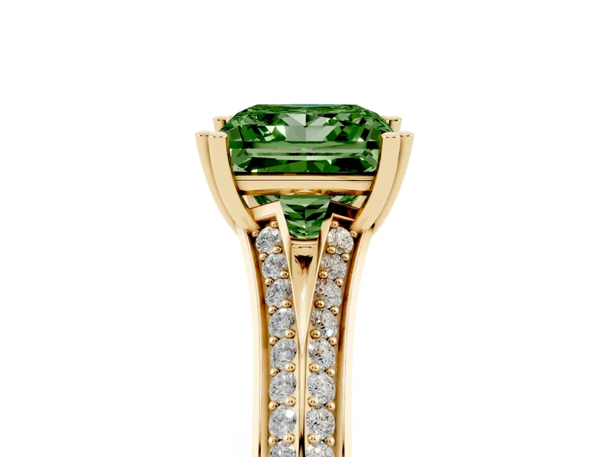 Fancy Green Princess Cut Diamond Split Shank Engagement Ring with Pavé Band Yellow gold