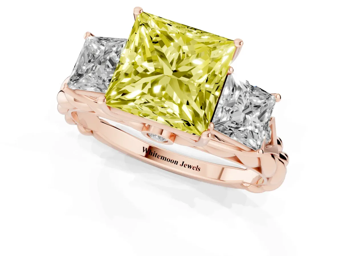 Fancy Yellow Three-Stone Princess Cut Diamond Braided Band Ring with Four-Prong Setting Rose gold