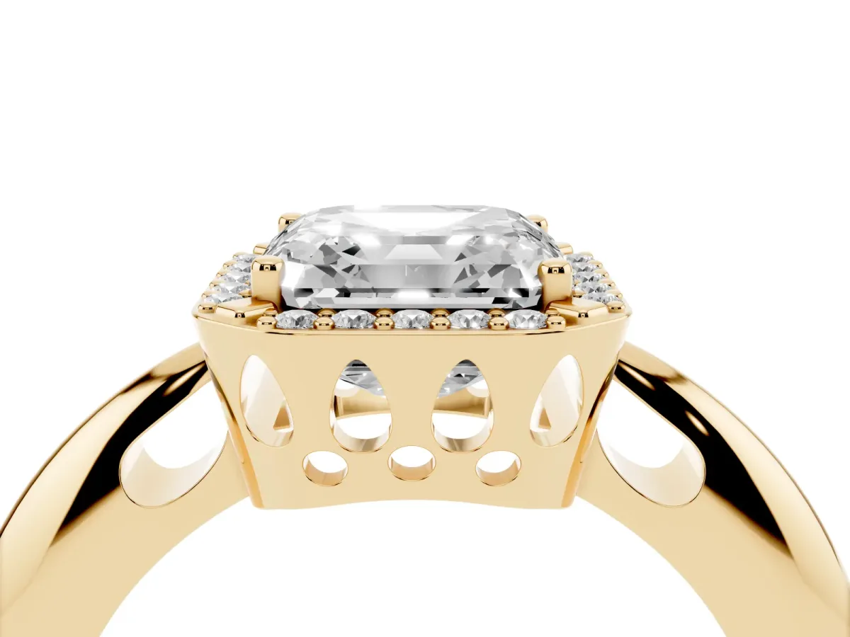 Asscher Cut Cut Diamond Halo Engagement Ring with Split Shank and Four-Prong Setting Yellow gold