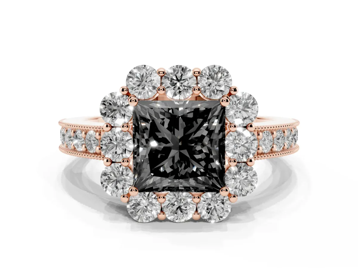 Fancy Black Princess Cut Cut Halo Diamond Pavé Engagement Ring with Milgrain Detailing Rose gold