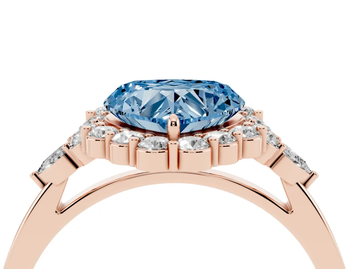 Fancy Blue Heart Cut Diamond Halo Ring with Pear Side Stones and Prong Setting Rose gold