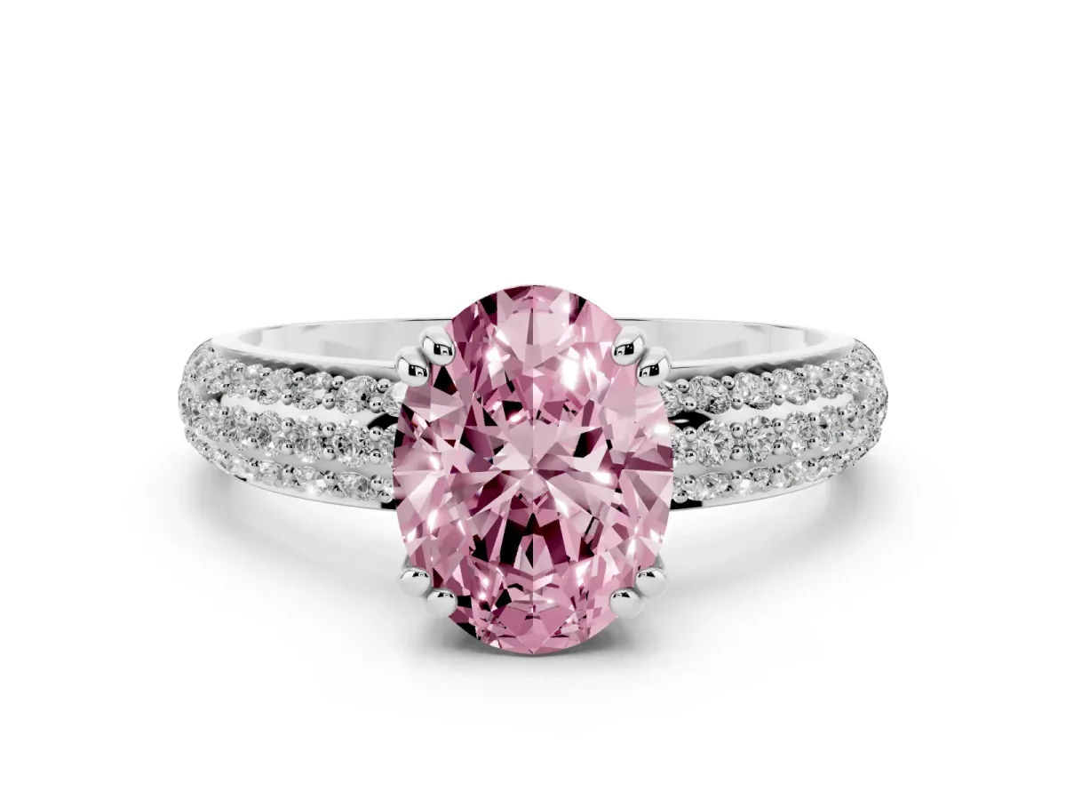 Fancy Pink Oval Cut Diamond Solitaire Ring with Multi-Row Round Pavé Band and Prong Setting Silver