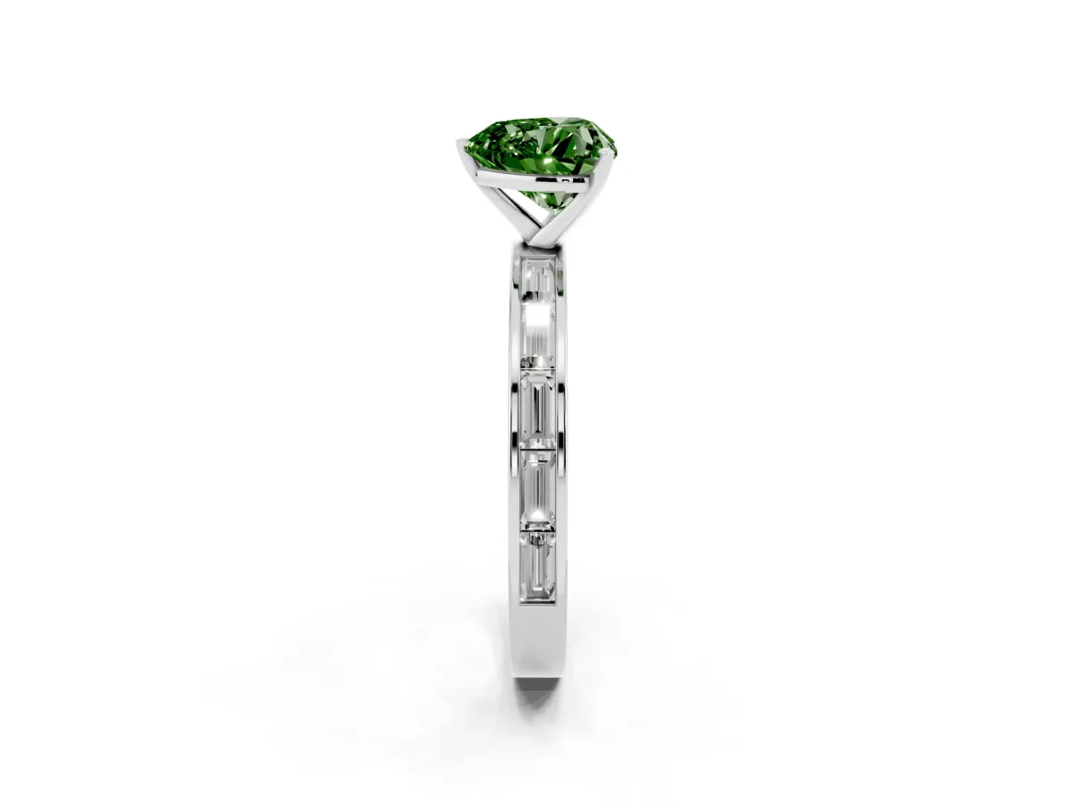 Fancy Green Heart Cut Solitaire Diamond Ring with Channel-Set Baguette Band and Four-Prong Setting Platinum