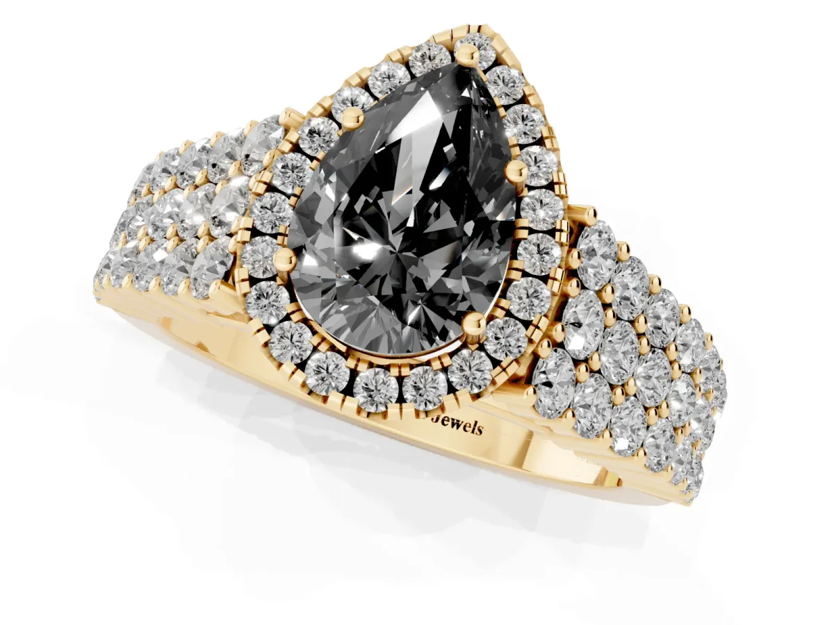 Fancy Black Pear Cut Diamond Halo Engagement Ring with Triple Row Round Pavé Band and Prong Setting Yellow gold