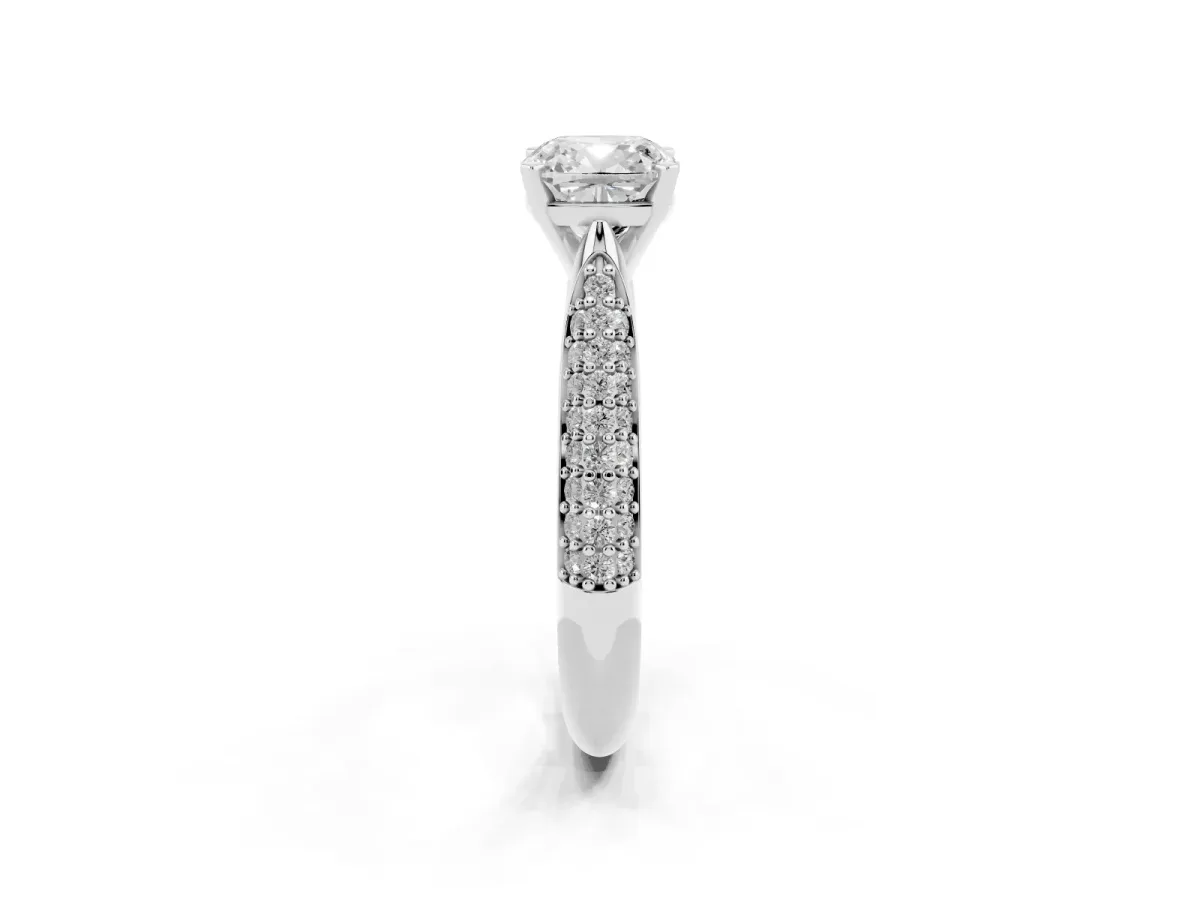 Cushion Cut Diamond Solitaire Engagement Ring with Multi-Row Round Pavé Band and Prong Setting Silver