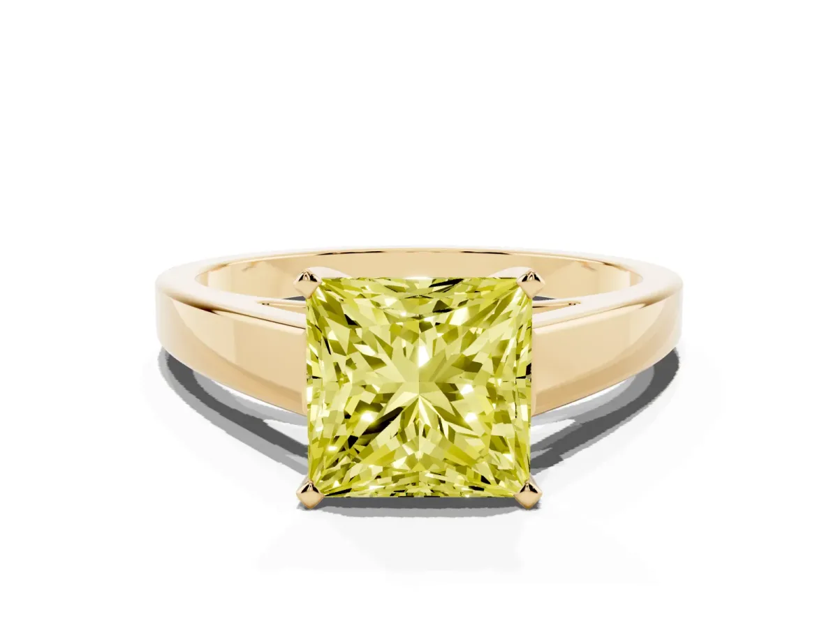 Fancy Yellow Princess Cut Solitaire Engagement Ring with Four-Prong Setting and Tapered Band Yellow gold