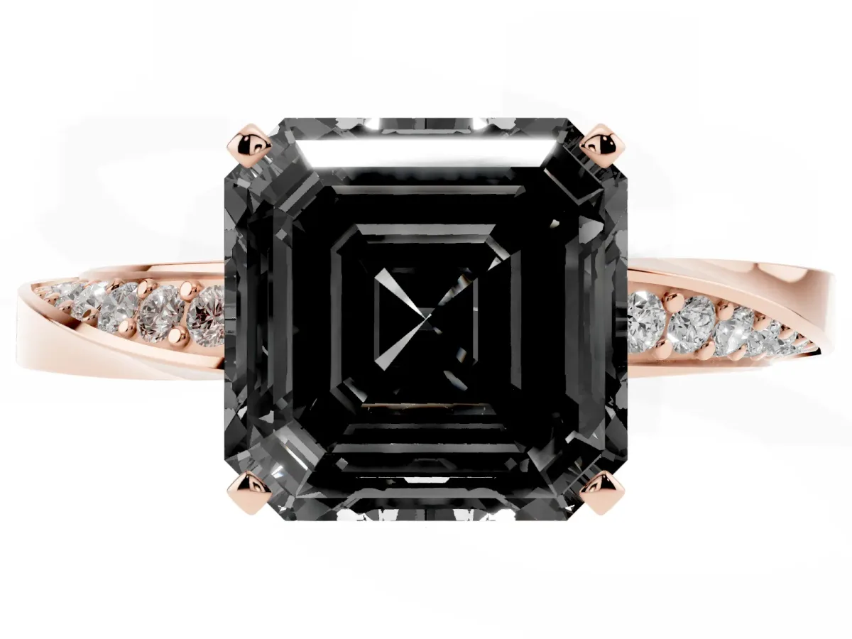 Fancy Black Asscher Cut Diamond Engagement Ring with Side Stone Accents and Four-Prong Setting Rose gold