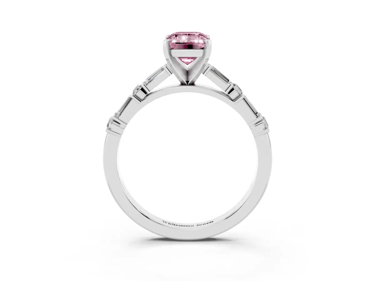 Fancy Pink Emerald Cut Diamond Solitaire with Side Baguettes and Channel Set Band Silver