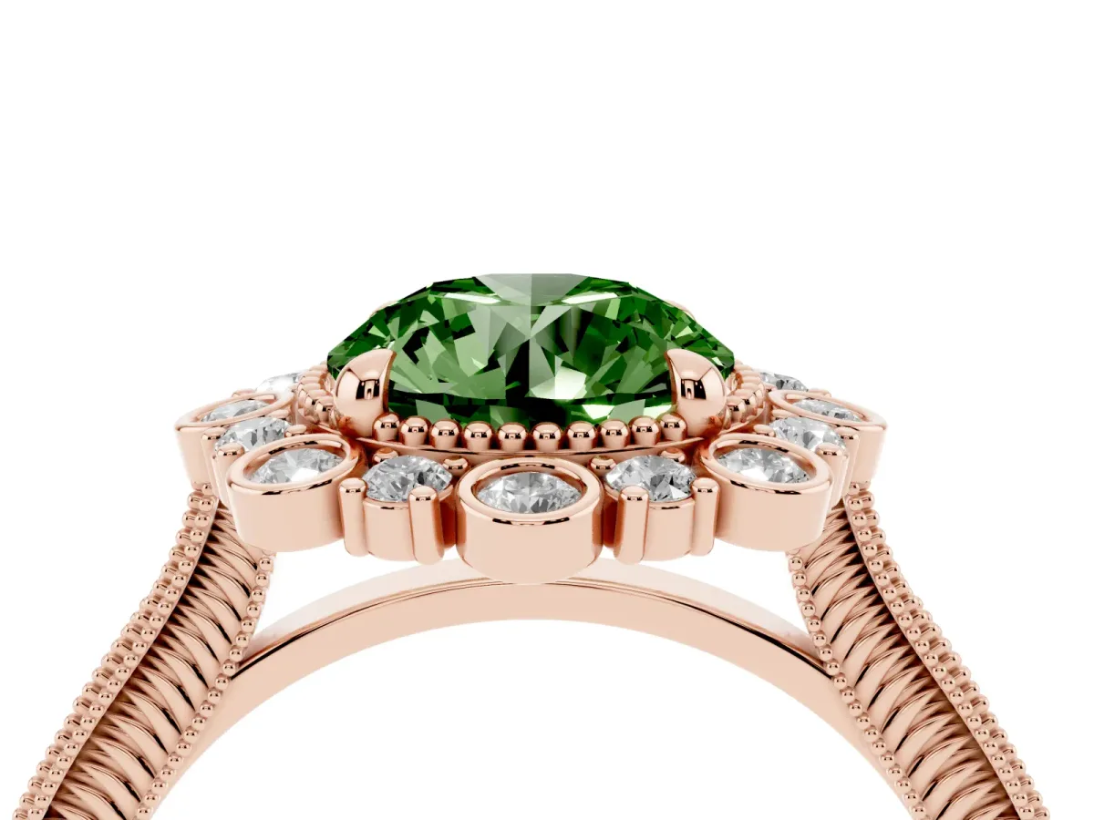 Fancy Green Round Cut Halo Milgrain Pave Diamond Ring with Four-Prong Setting Rose gold