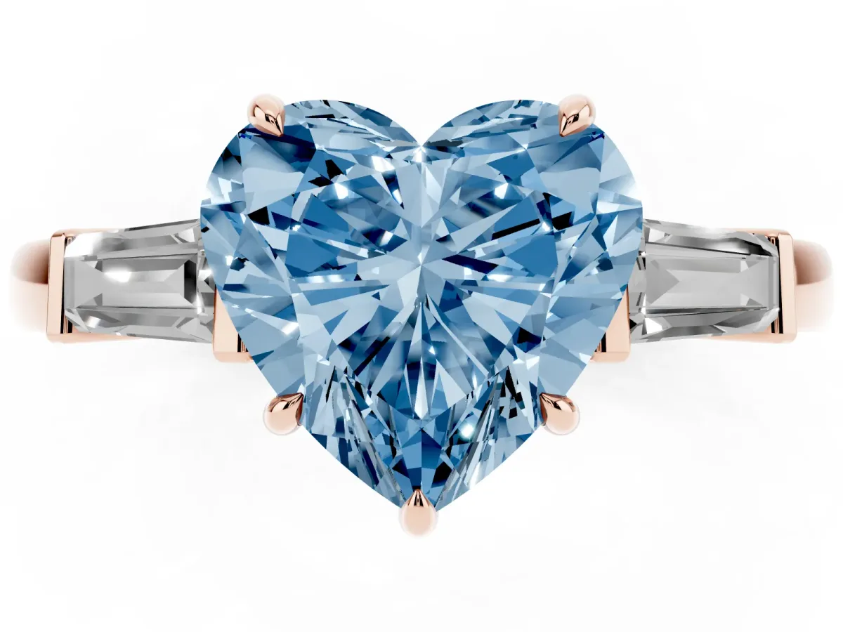 Fancy Blue Heart Cut Diamond Three-Stone Ring with Tapered Baguette Side Stones and Prong Setting Rose gold