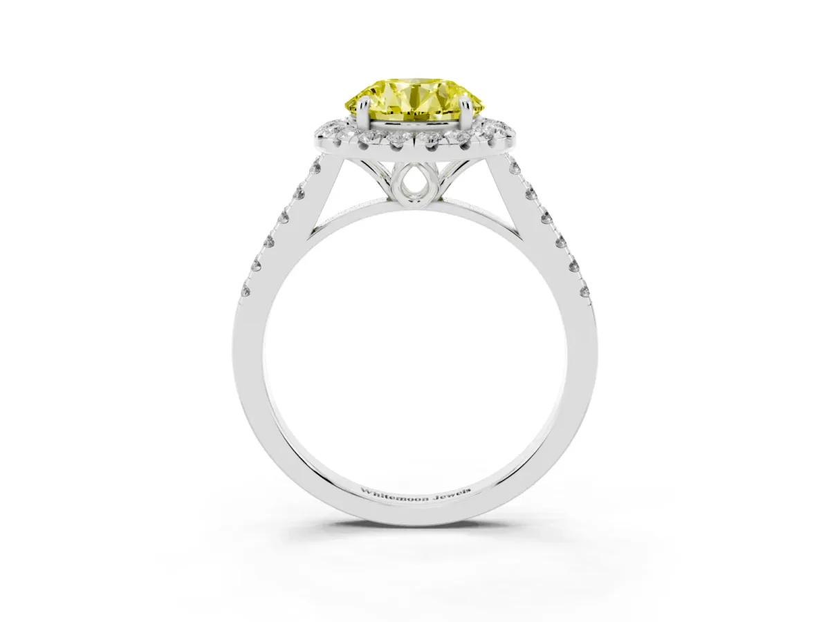 Fancy Yellow Round Cut Halo Pavé Diamond Engagement Ring with Four-Prong Setting Silver