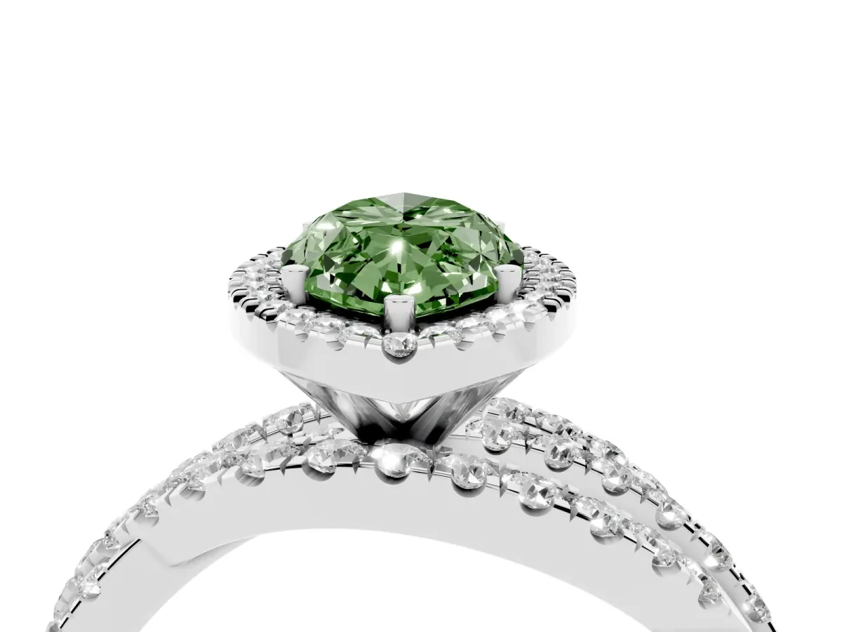 Fancy Green Marquise Cut Diamond Halo Ring with Round Split Shank and Prong Setting Silver