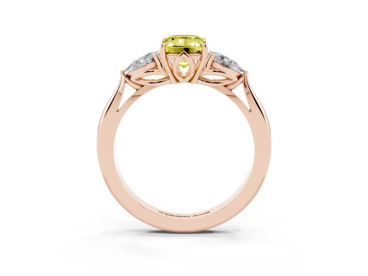 Fancy Yellow Three-Stone Emerald Cut Brilliant Diamond Solitaire Ring with Tapered Band and Four-Prong Setting Rose gold