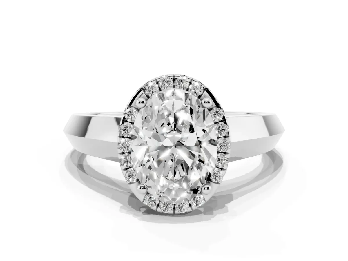 Oval Cut Halo Diamond Ring with Cathedral Band and Four-Prong Setting Silver